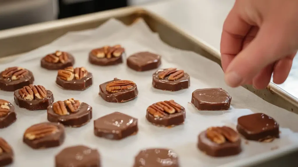 Freshly poured pecan candy pieces cooling on parchment paper.