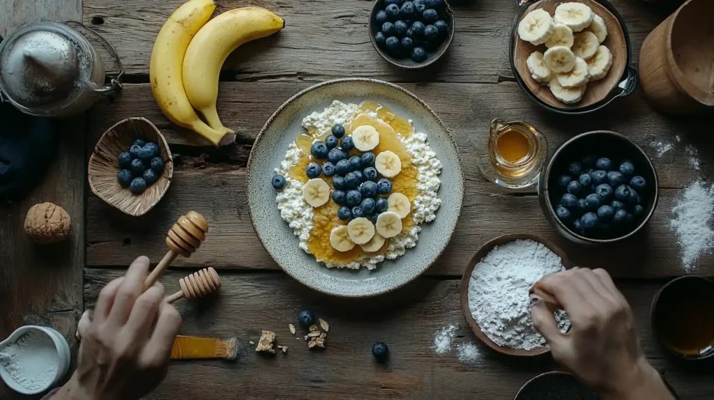 Cottage Cheese Pancakes with fresh fruit and honey