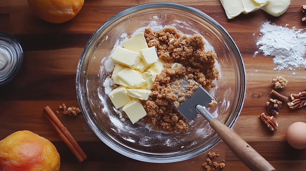 A bowl of crumble topping with a pastry cutter mixing butter, flour, and brown sugar.