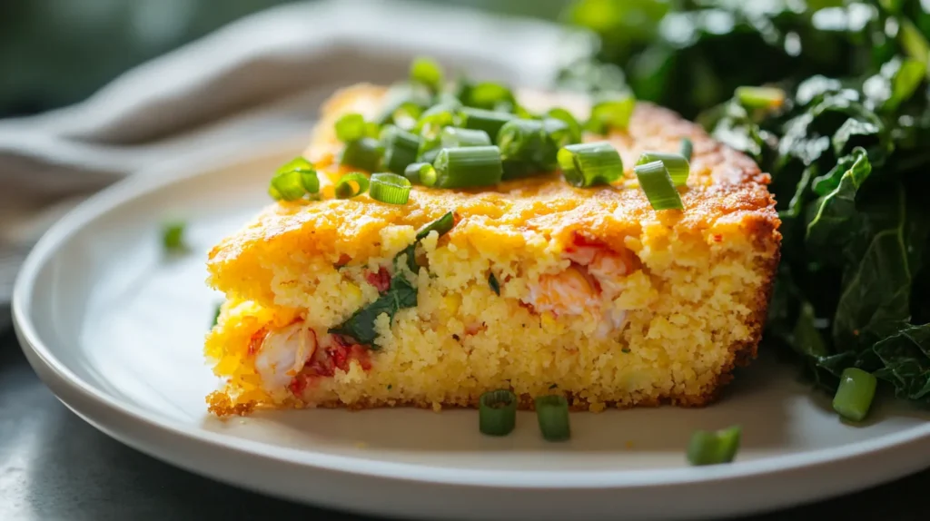 A beautifully plated serving of crawfish cornbread with green onions and a side of collard greens.