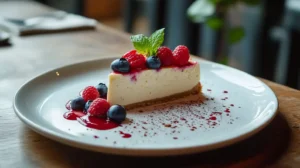 A delicious slice of cheesecake topped with fresh berries and a mint leaf.