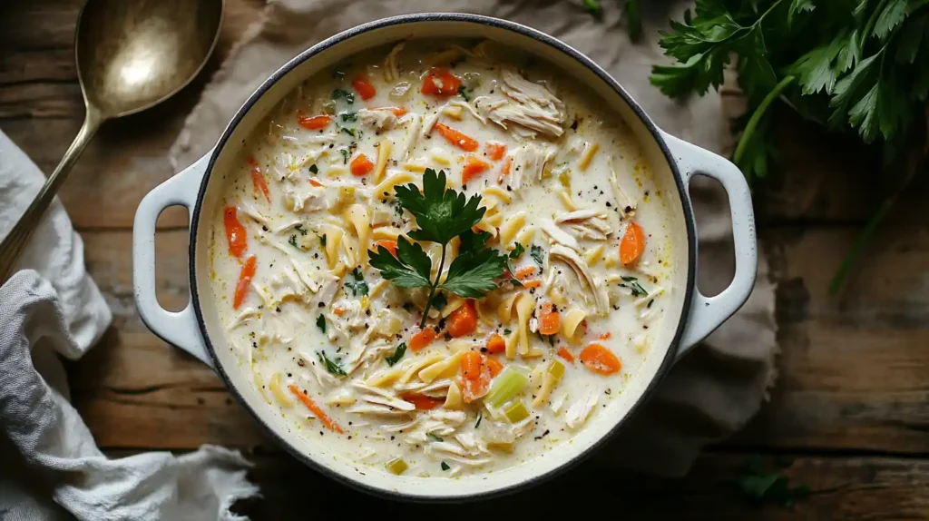 A rustic pot of creamy chicken noodle soup with garnishes.