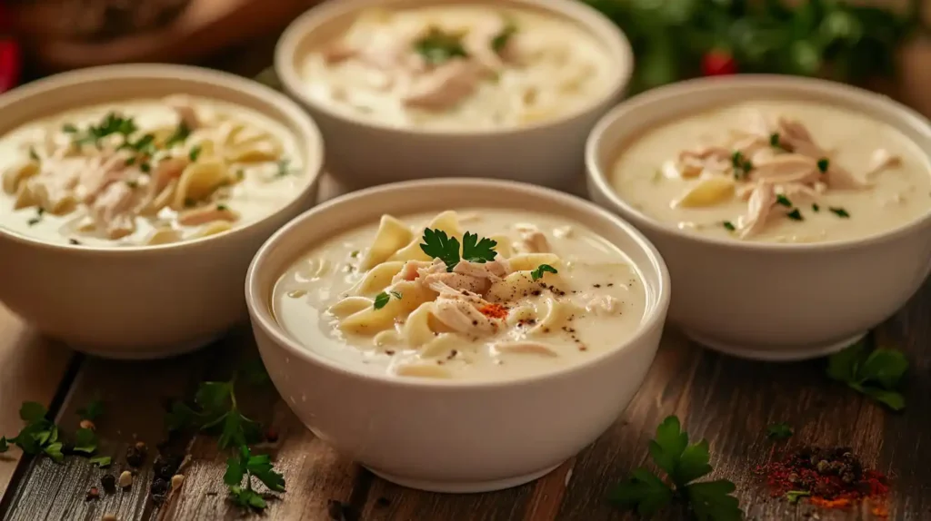 Three variations of creamy chicken noodle soup in bowls on a rustic table.