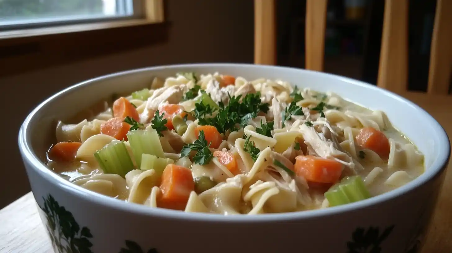 A bowl of creamy chicken noodle soup with fresh parsley garnish.