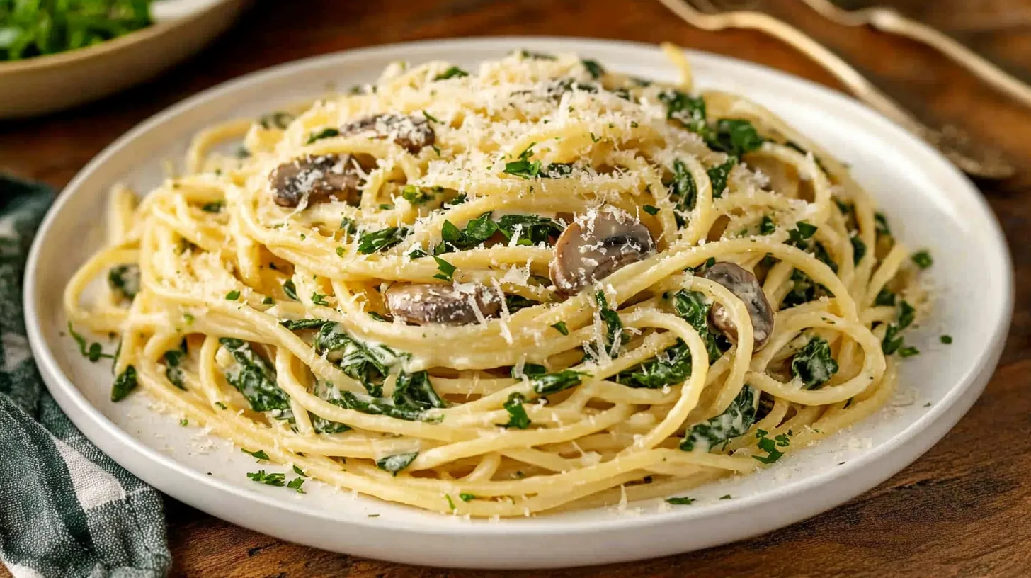 Creamy mushroom spinach pasta served on a white plate with grated Parmesan and herbs.