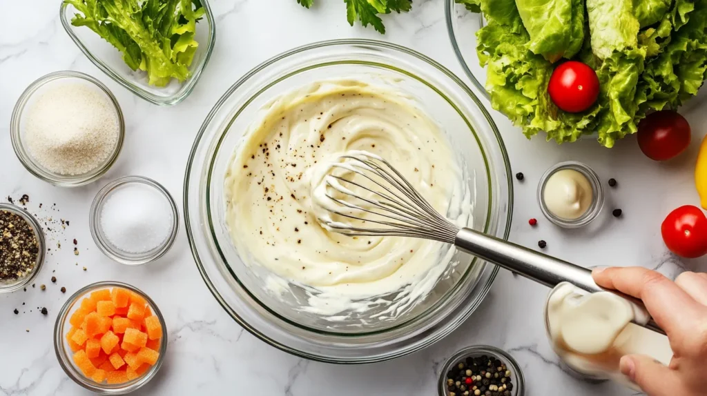 Creamy salad dressing being whisked in a glass bowl.