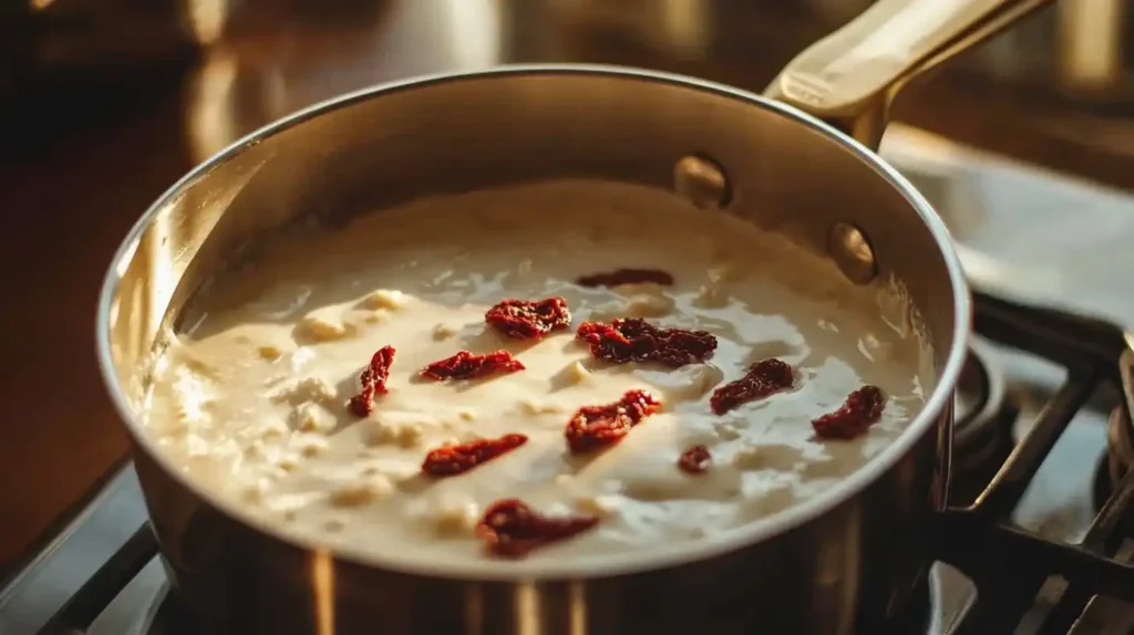 Creamy sauce simmering with sun-dried tomatoes in a pan.