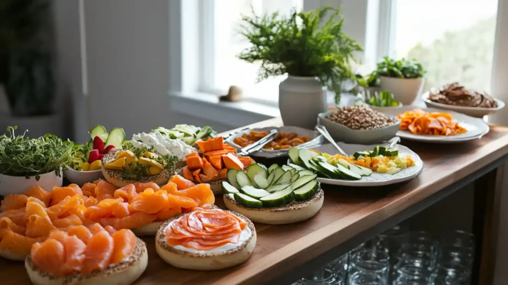 DIY bagel bar with toppings and spreads.