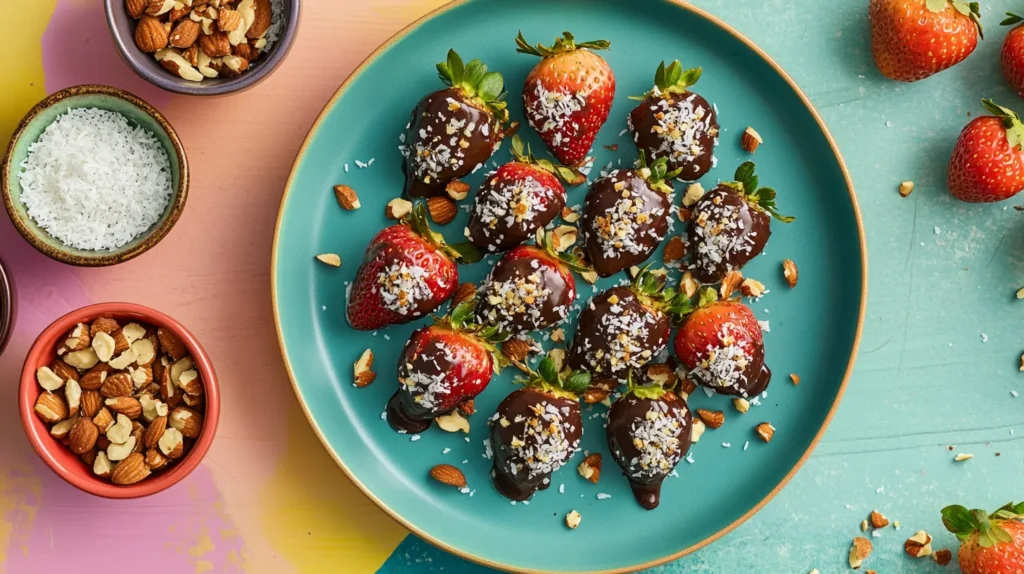 Carob covered strawberries topped with shredded coconut and crushed nuts