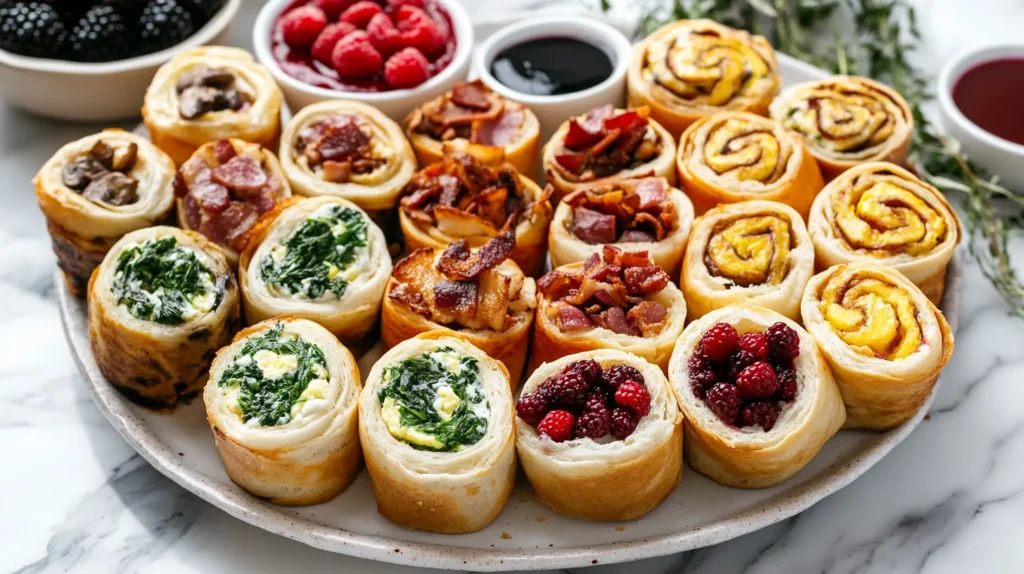 A variety of breakfast rolls, including vegetarian and sweet versions.