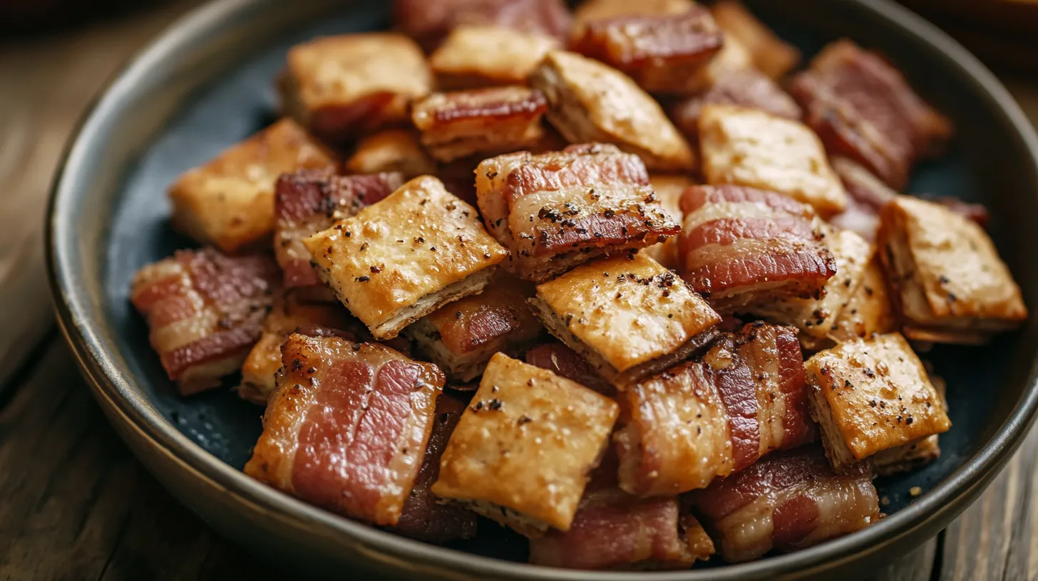 A platter of crispy bacon-wrapped crackers on a rustic wooden table.