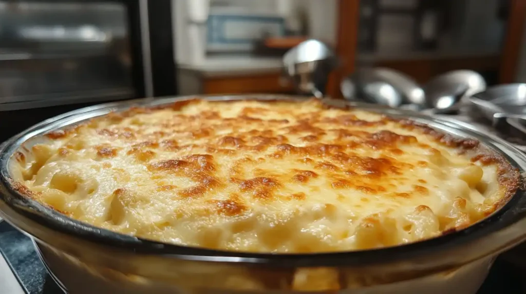 Baked mac and cheese with golden crust in a dish.