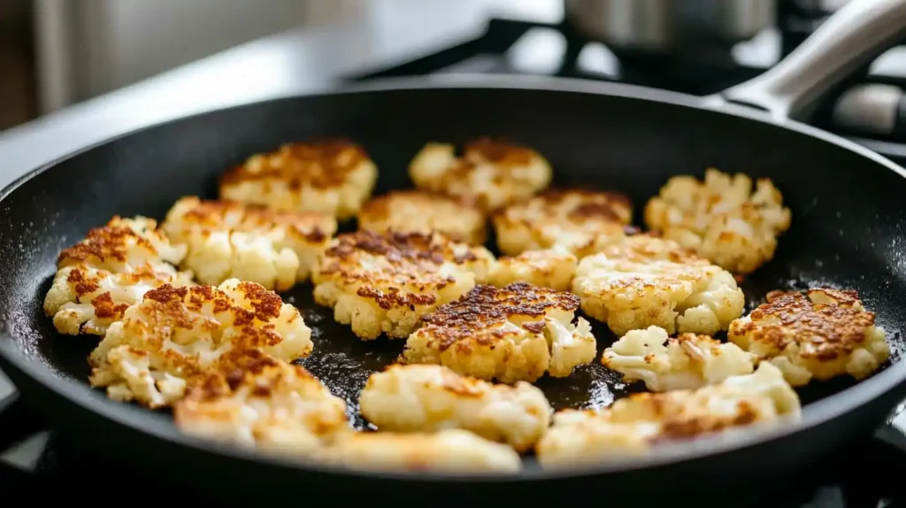 Cauliflower hash browns sizzling in a nonstick skillet with golden edges.