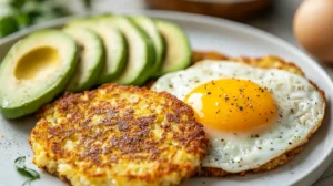 Crispy cauliflower hash browns served on a plate with a side of eggs and avocado.