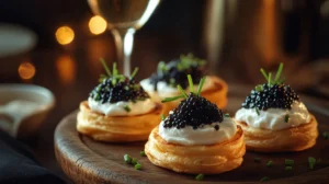 A gourmet plate of crumpets with caviar and a side of champagne