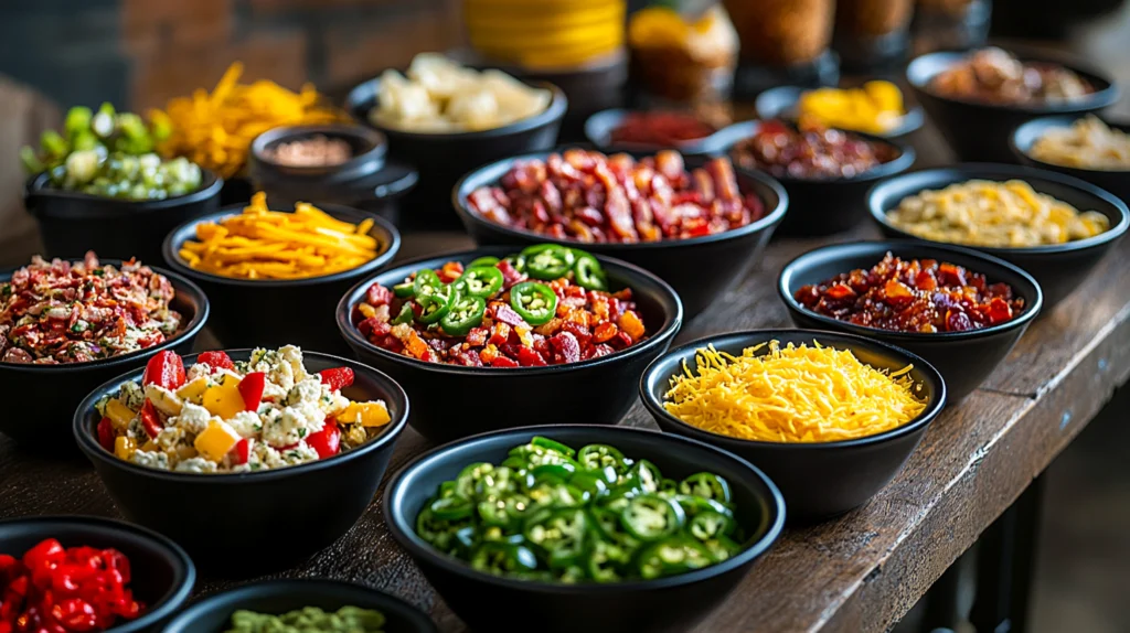 A snack bar setup with crackers, cooked bacon, cheese, and various toppings displayed in small bowls.