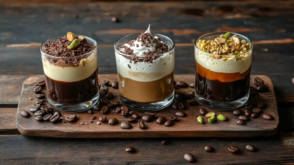 Three Affogato variations with chocolate, caramel, and pistachios.