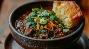 A hearty bowl of steak and beef chili garnished with fresh cilantro, shredded cheese, and a side of cornbread.