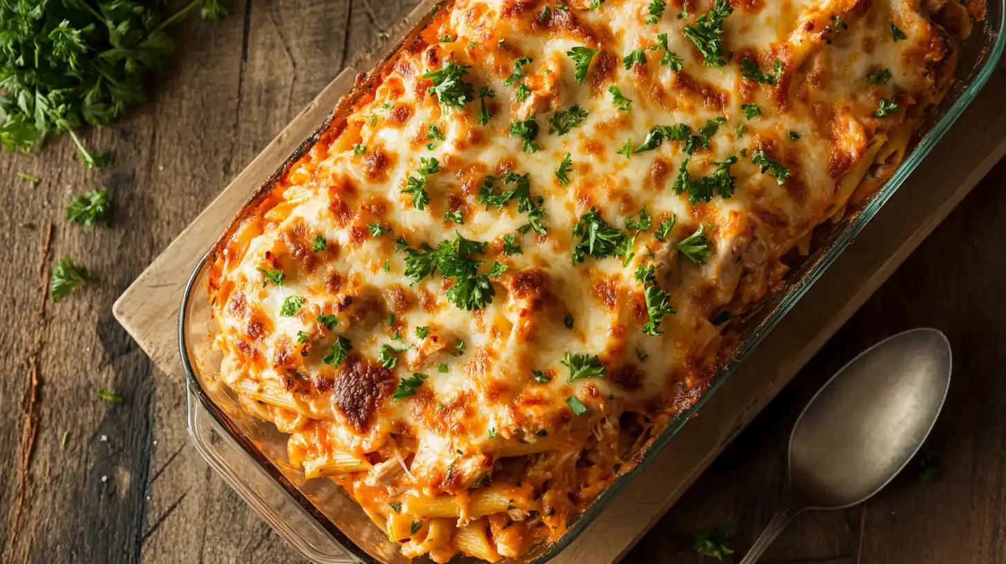 A freshly baked Buffalo Chicken Pasta Bake topped with melted cheese in a casserole dish.