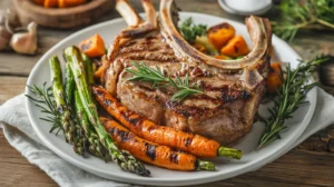 A plate of tender veal meat with fresh herbs and vegetables.