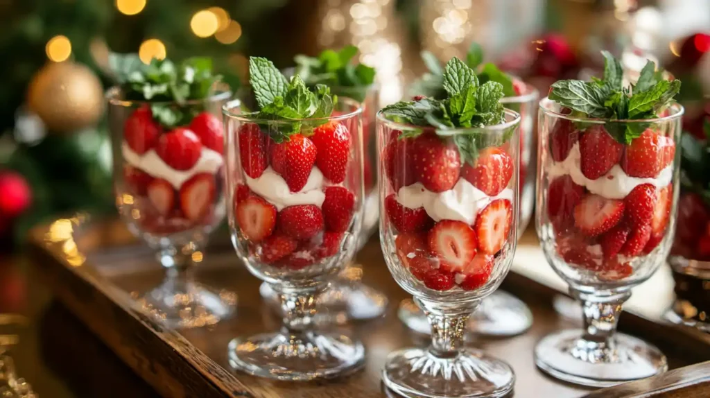  A party-ready platter of strawberries and cream served in elegant cups.