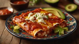 Authentic Enchiladas Potosinas served with salsa, avocado slices, and crumbled cheese.