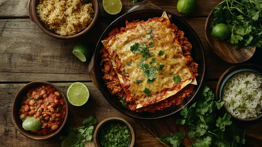 Enchiladas Potosinas served with rice, beans, and salsa verde.