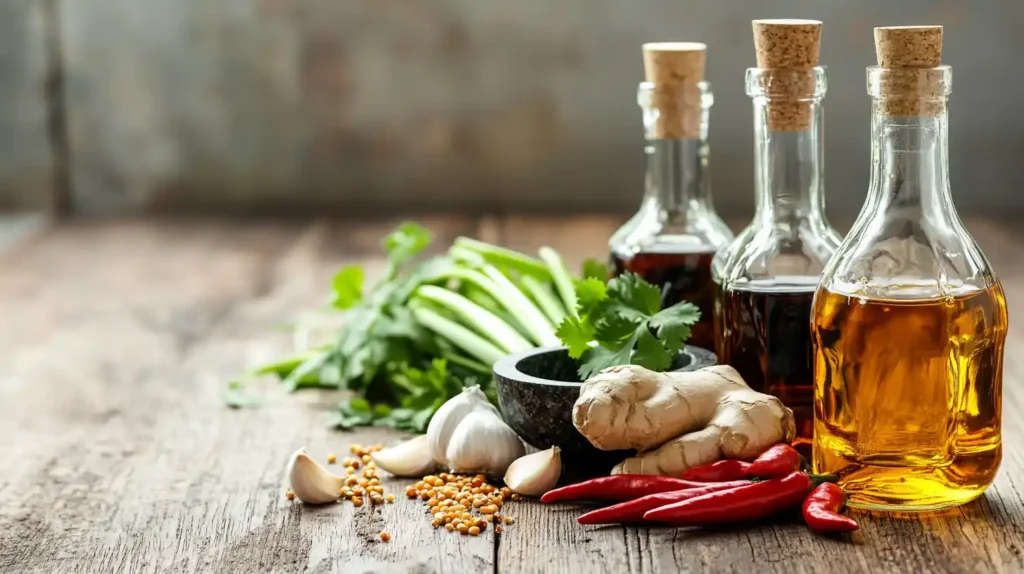 Fresh Asian cooking ingredients like ginger, garlic, soy sauce, sesame oil, and fresh herbs on a wooden countertop.