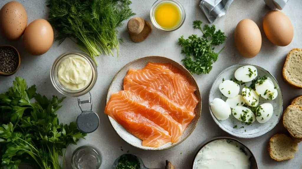 Ingredients for making eggs benedict salmon displayed on a table