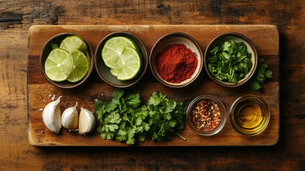 Ingredients for Mexican chicken marinade, including lime, garlic, cilantro, and spices.