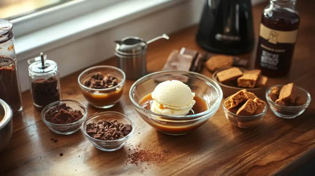 A beautifully arranged home kitchen countertop featuring espresso, vanilla gelato, a Moka pot, and optional toppings like chocolate shavings and biscotti.