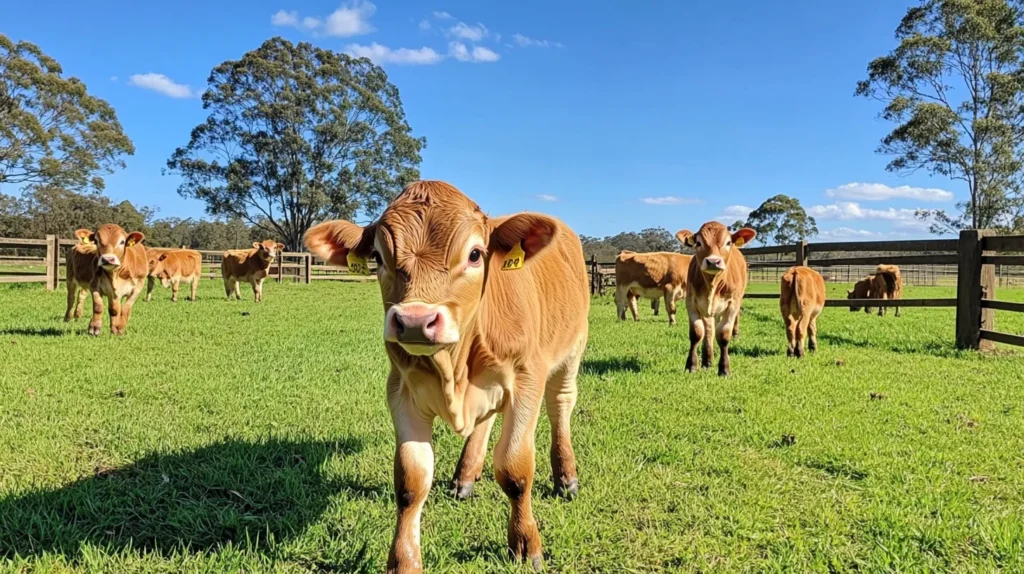 Ethical veal farming with calves grazing in an open green pasture.