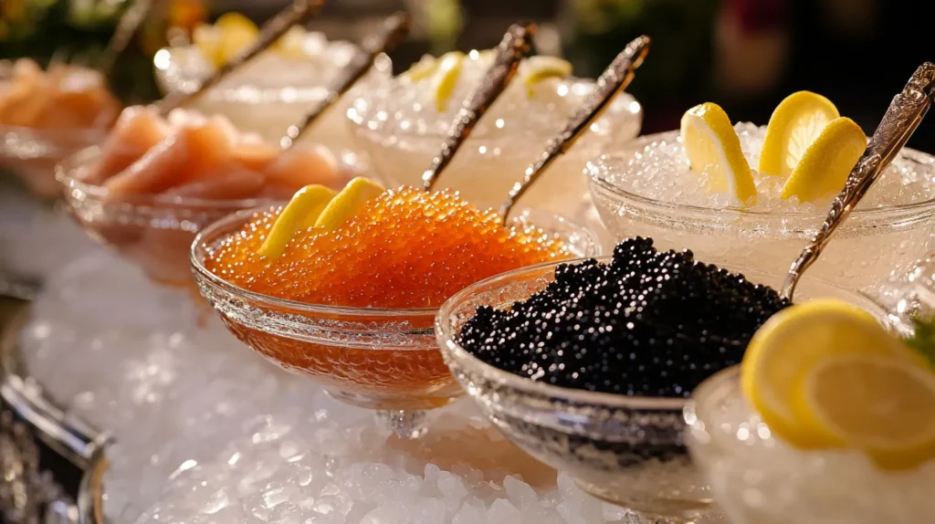 Bowls of different types of caviar on ice