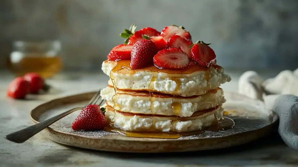 Cottage cheese pancakes served with strawberries and a drizzle of honey.