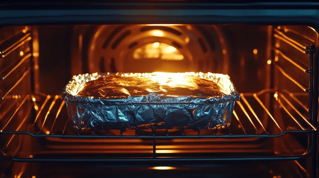 Forgotten Chicken Recipe being baked in a casserole dish covered with foil