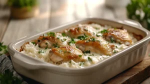 A classic Forgotten Chicken Recipe served in a rustic dish with rice and creamy sauce