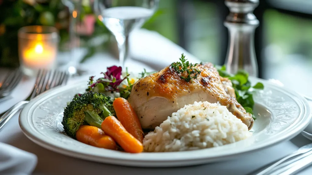 A plate of Forgotten Chicken Recipe served with roasted vegetables and a side salad