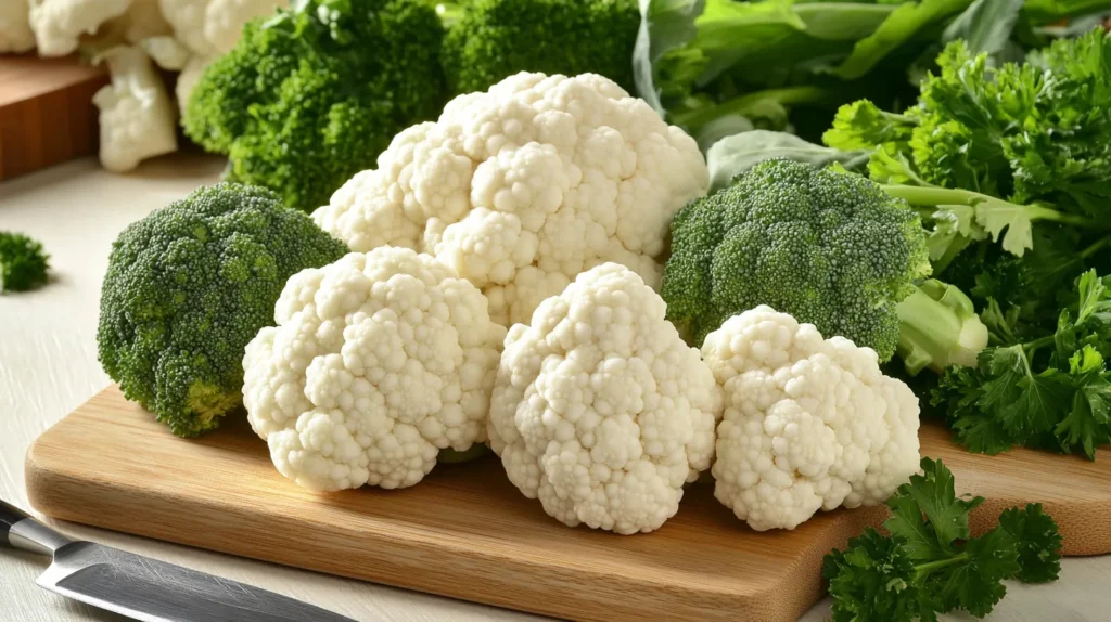 Fresh broccoli and cauliflower florets on a cutting board.