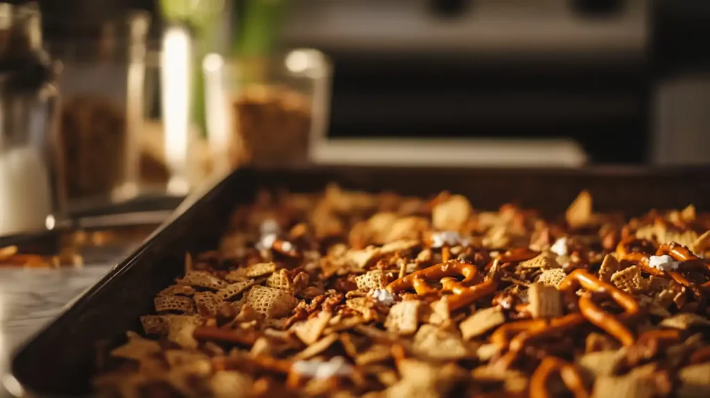 A baking tray of freshly made homemade Chex Mix with whole-grain ingredients.