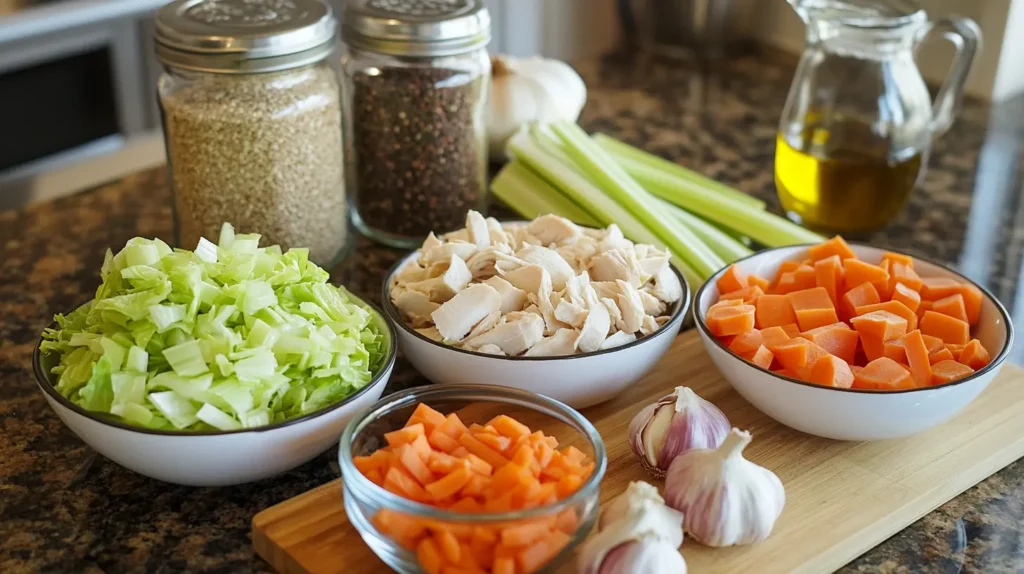 Fresh ingredients for chicken and cabbage soup on a kitchen countertop.