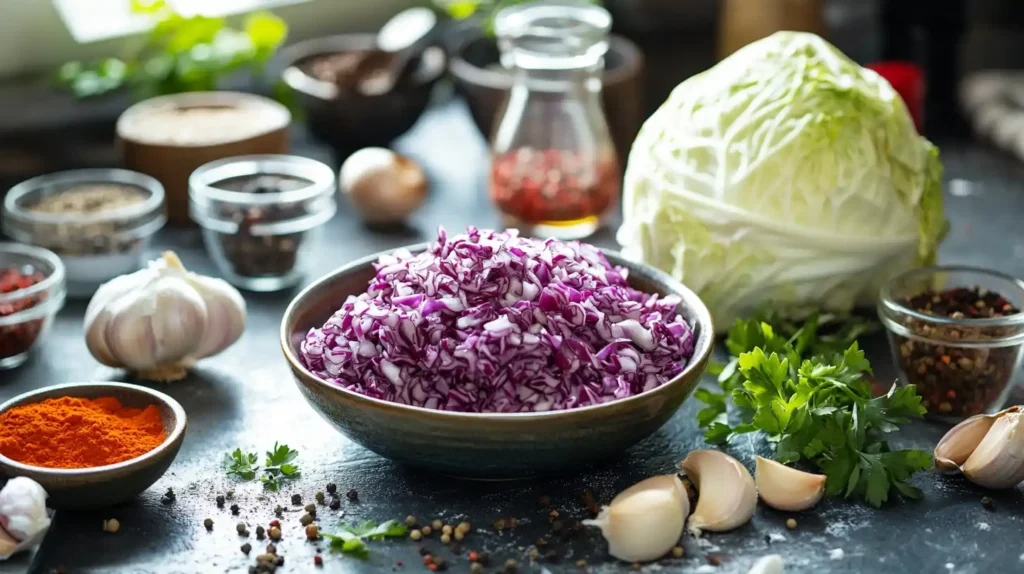 Fresh ingredients for a Hamburger Cabbage Recipe, including cabbage, ground beef, onions, garlic, and seasonings.