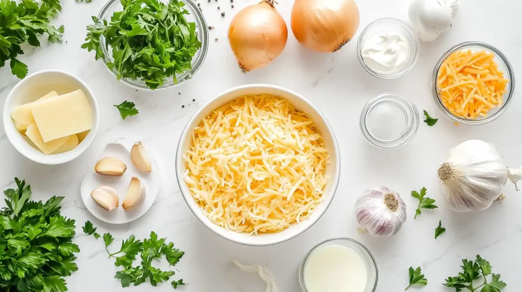 Ingredients for hash brown potato soup neatly arranged on a kitchen counter.