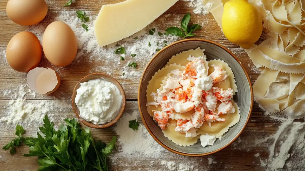 A beautifully arranged selection of fresh lobster ravioli ingredients, including chopped lobster meat, ricotta cheese, Parmesan, lemon zest, fresh herbs, pasta dough, eggs, and flour on a rustic wooden surface.