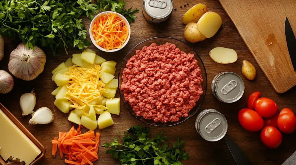 Fresh ingredients for hobo casserole including ground beef, sliced potatoes, cheese, and vegetables.