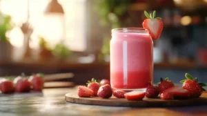 Fresh strawberries and vibrant homemade puree in a glass jar on a wooden table.