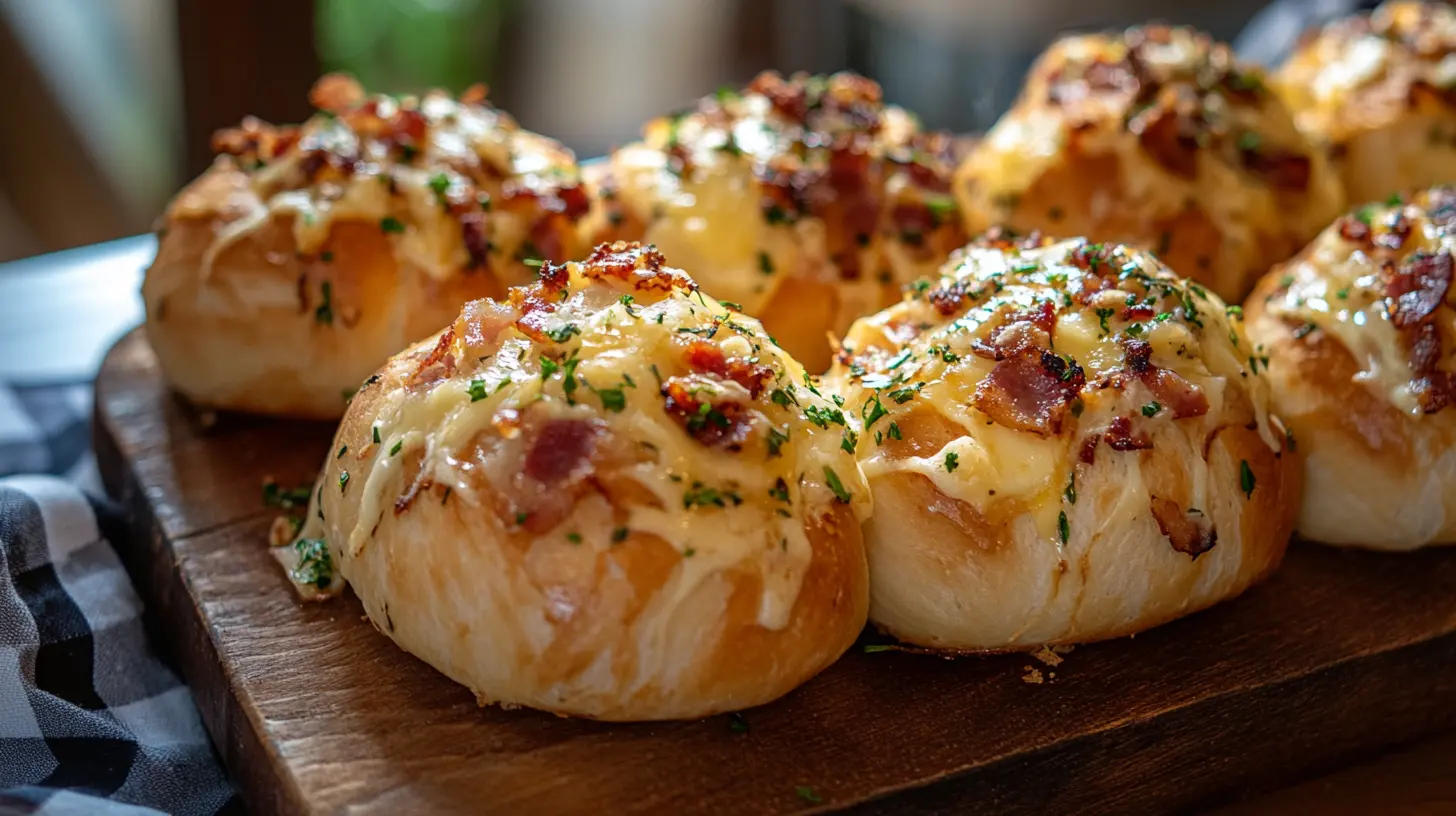 Freshly baked breakfast pizza rolls served on a wooden platter.