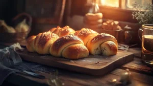 Freshly baked golden crescent rolls on a wooden board