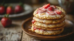 A batch of freshly baked strawberry cheesecake cookies on a rustic wooden table.