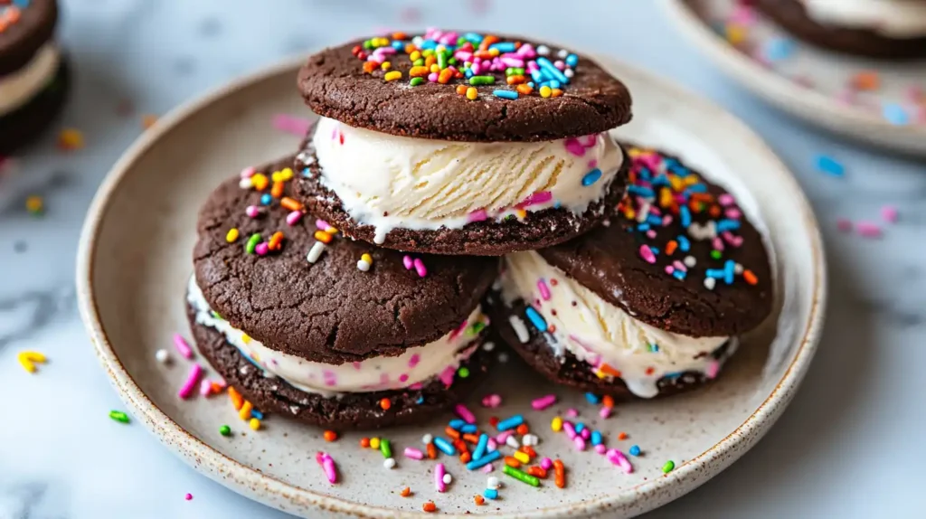 Fudge Round ice cream sandwiches on a plate with sprinkles.