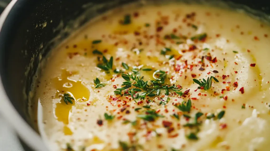 Garlic butter sauce simmering in a pan with herbs.